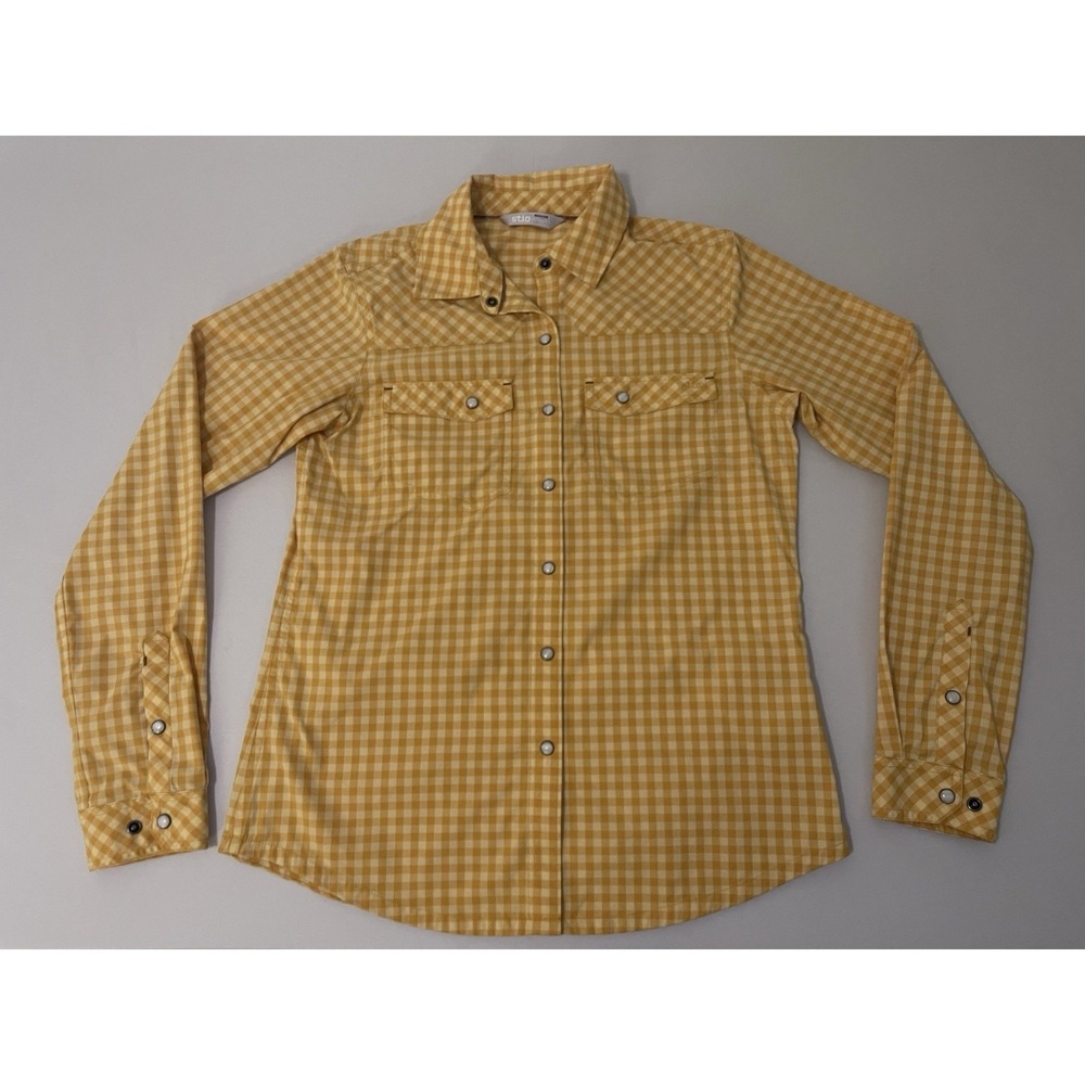 Stio Eddy Shirt Pearl Snap Local Honey Gingham Check Womens Small Nylon
